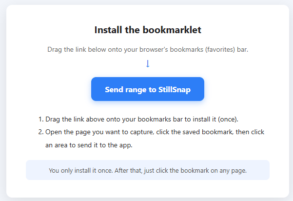 Bookmarklet setup page