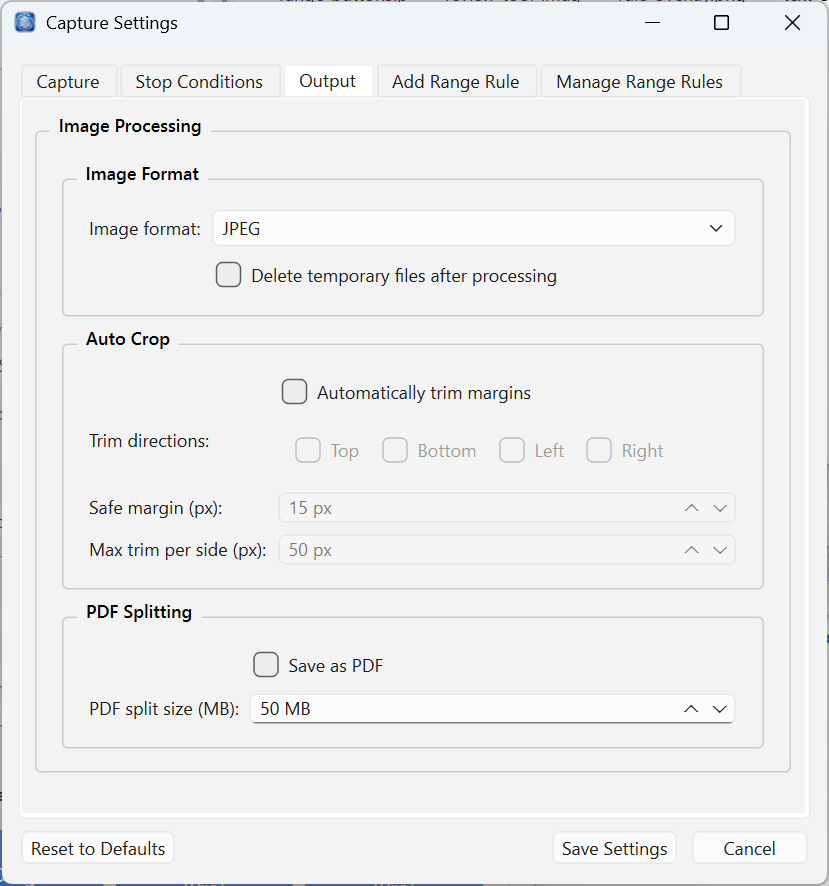 Capture Settings — Output tab