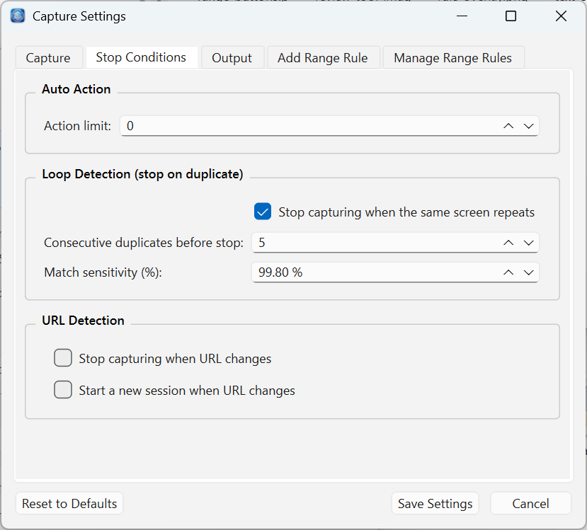 Capture Settings — Stop Conditions tab