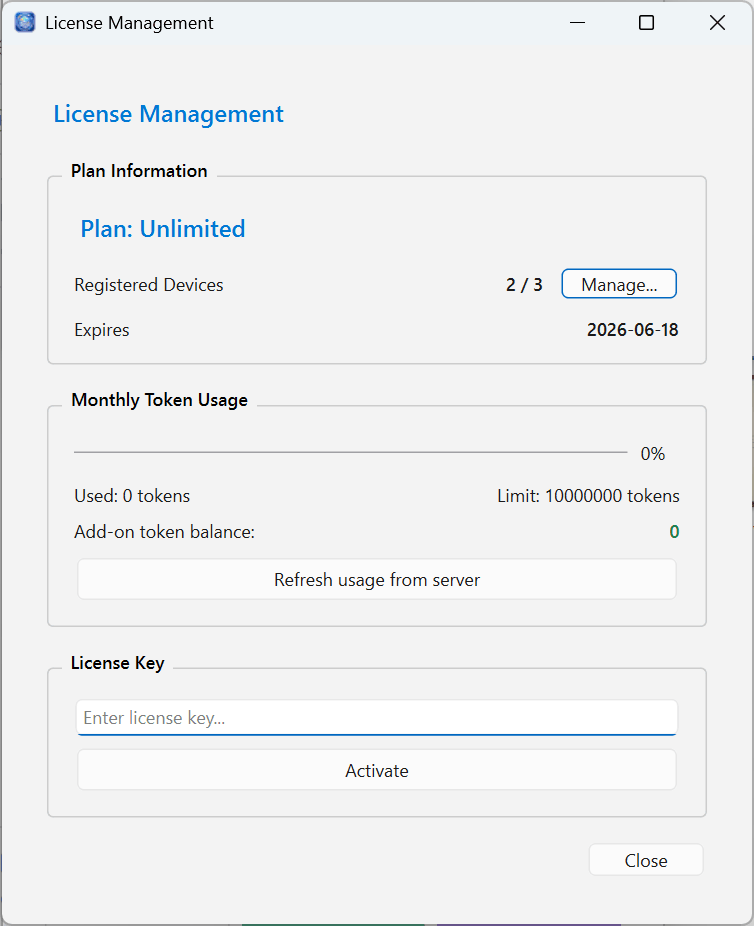 License Settings dialog
